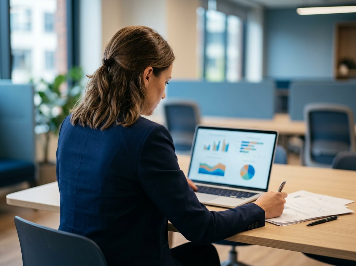 Profissional analisando documentos de seguro garantia e apólices em escritório corporativo